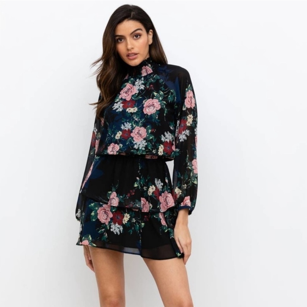 Yumi Kim Black Floral Mini Dress with Pink Roses